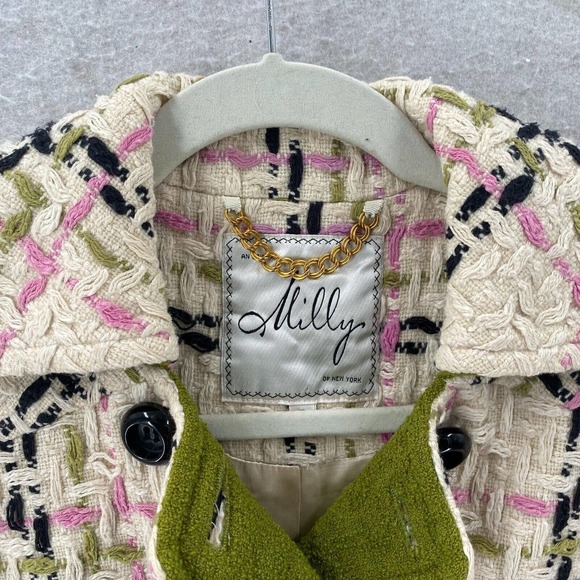 Milly of New York Tweed Pea Coat Womens Size 0 Double Breasted Long Wool Jacket - Picture 4 of 14